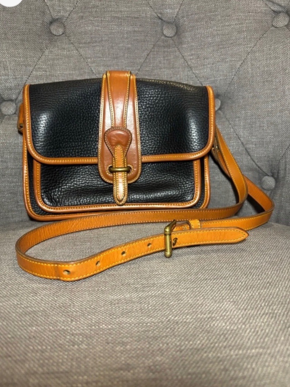 Dooney & Bourke Black Pebbled Leather Crossbody with Tan Trim Made in USA